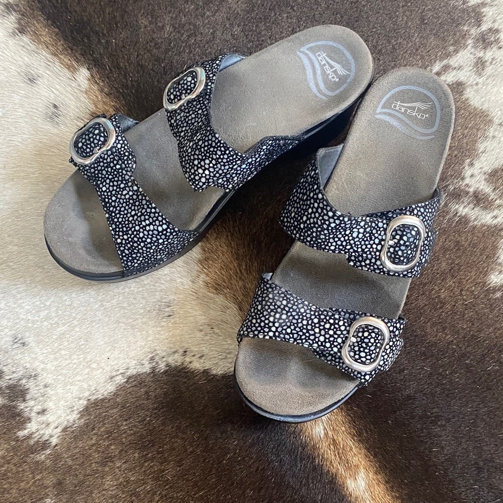Dansko Black and White Speckled Double-Buckle Slide Sandals
